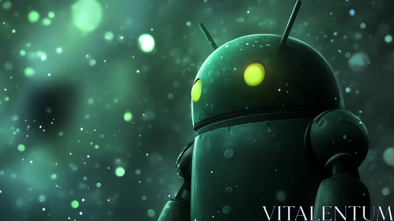 Glow-eyed android sentinel drifts through emerald stardust.
