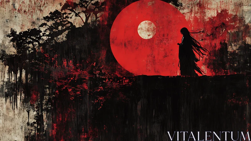 Silhouette beneath the crimson moon on a drifting forest cliff.