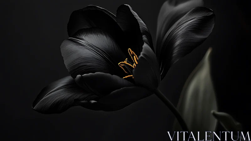 Black Flower with Golden Stamens Against Dark Background.