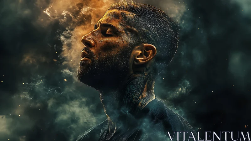 Calm warrior exhales through swirling embers and smoke.