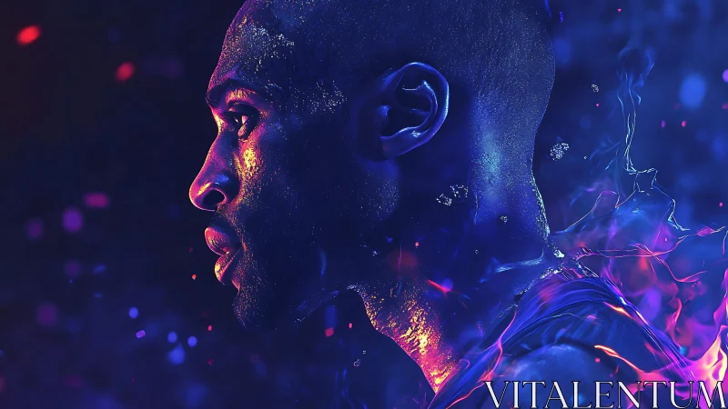 Luminous athlete profile glows in neon fire and cool light