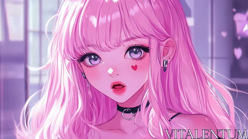 Pink haired anime girl with heart cheek mark portrait.