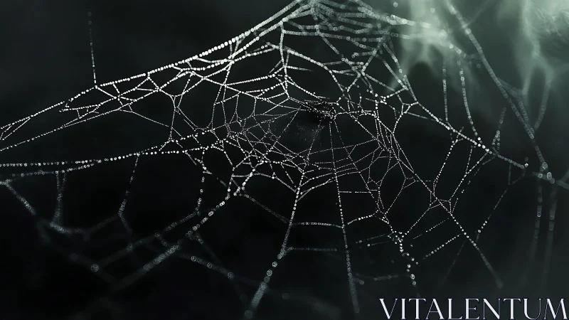 Spiderweb with dew droplets against dark out-of-focus field.