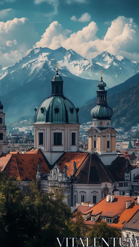 Copper domes converse quietly beneath watchful alpine giants