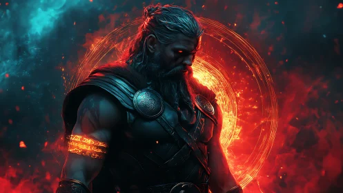 Mythic warrior in burning halo of arcane fire power.