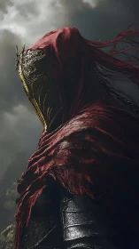 Hooded knight with golden mask under stormy battlefield sky.