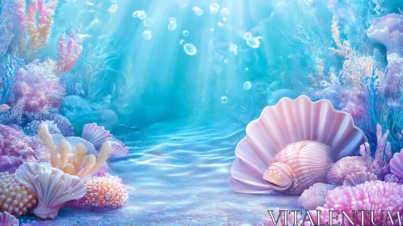 Pastel coral reef cradles luminous shell under soft beams