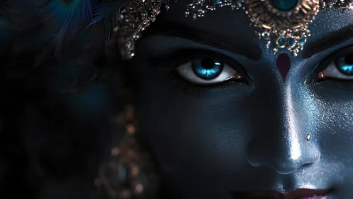 Mystical blue goddess gaze with jeweled cosmic adornments.