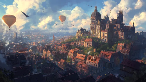 Steampunk cityscape glows under drifting hot air balloons.