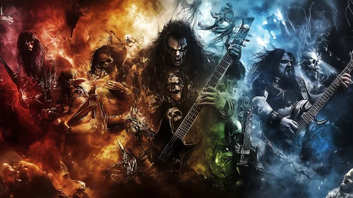 Metal guitar warriors erupt through fire and ice in feral fury