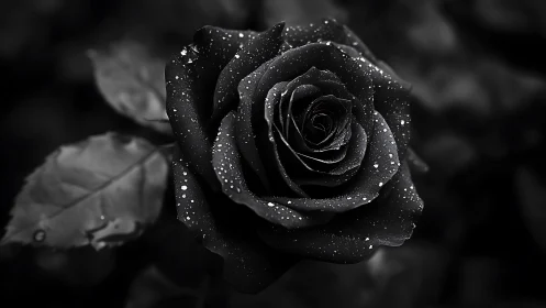 Velvet midnight rose glistens with rainlit silver secrets.