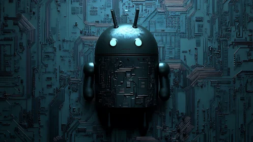 Android-style robot merged with dense teal circuit substrate.
