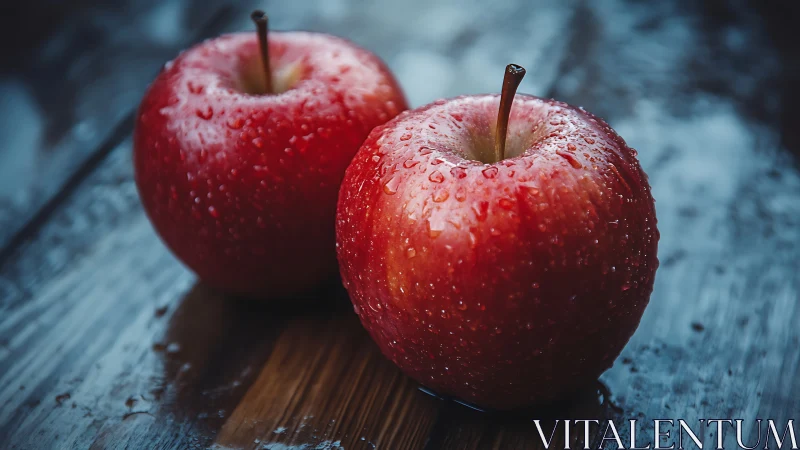 Red apples glisten with water droplets on dark wood.
