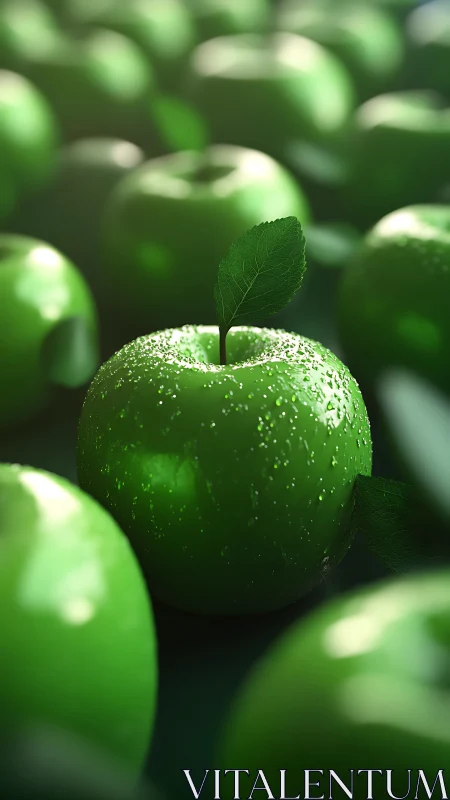 Fresh green apple glistening softly in morning light.