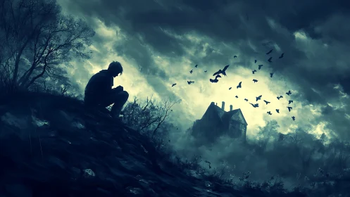 Solitary figure on slope near distant house under stormy sky.