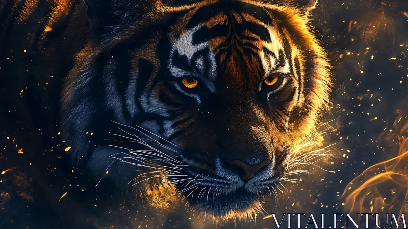 Tiger portrait in ember-lit darkness with intense golden gaze.