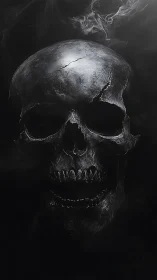 Cracked metallic skull rendered against dark smokey field.