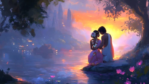 Luminescent Fantasy Landscape: Couple Embracing Under Celestial Sunset.