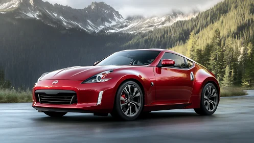 Crimson sports coupe glides confidently past quiet mountain pines