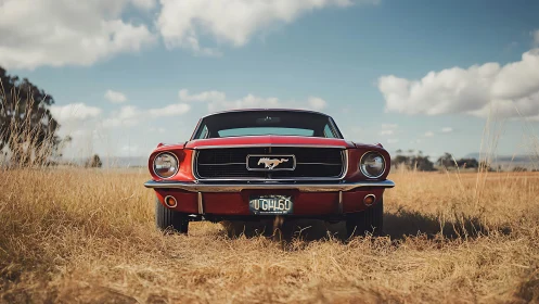 Classic red Mustang resting proudly in a golden open field.