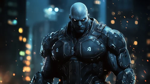 Armored cybernetic figure in night city environment.