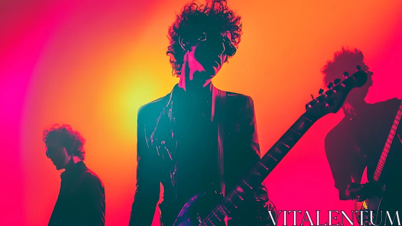 Neon drenched rock band silhouettes under vibrant stage haze.