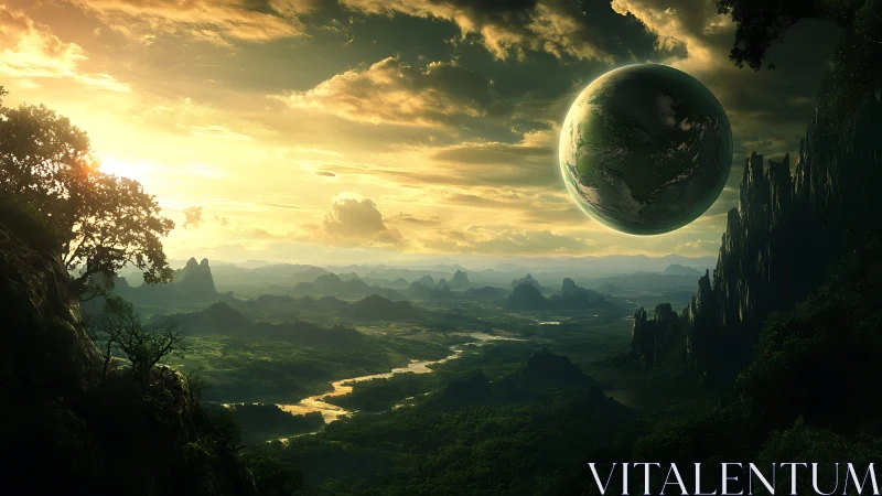 Floating planet over expansive green valley at sunset