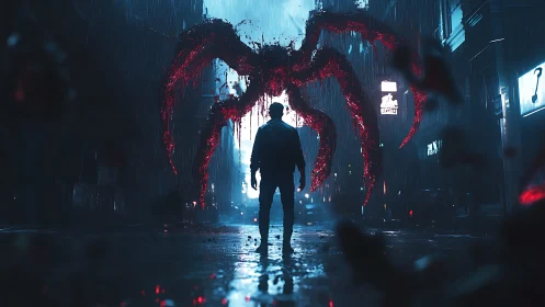 Nocturnal alley confrontation with luminescent void arachnid.