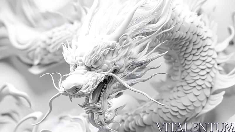 Monochrome 3D render shows detailed serpentine dragon model