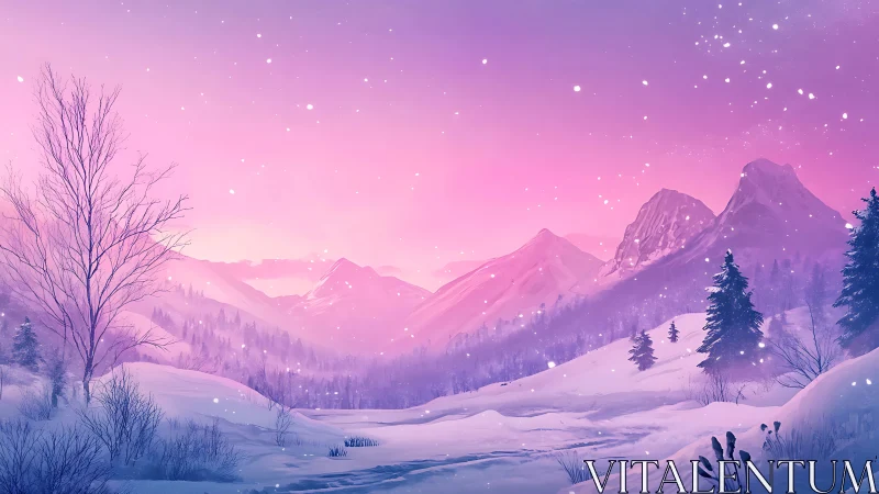Snowy violet mountains glow under a serene winter sunset