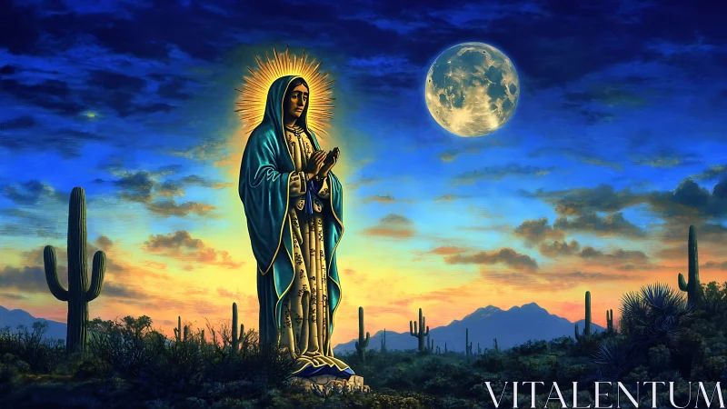 Radiant desert Madonna stands glowing beneath a vast moon