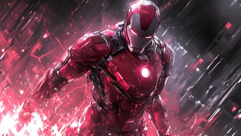 Armored futuristic warrior advances through crimson energy storm.