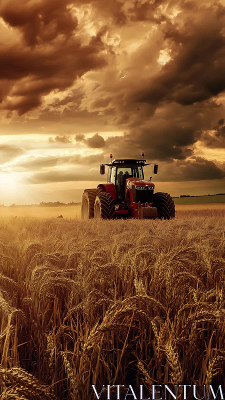Red tractor cuts wheat beneath stormlit golden sky.