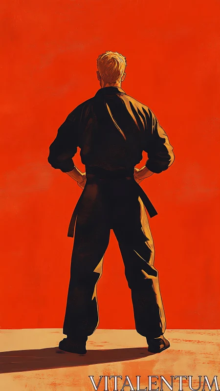 Solitary karate master framed in blazing sunset orange.