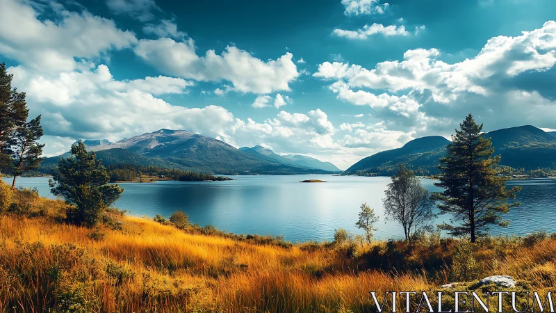 Sunlit alpine lake dreaming beneath roaming summer clouds.