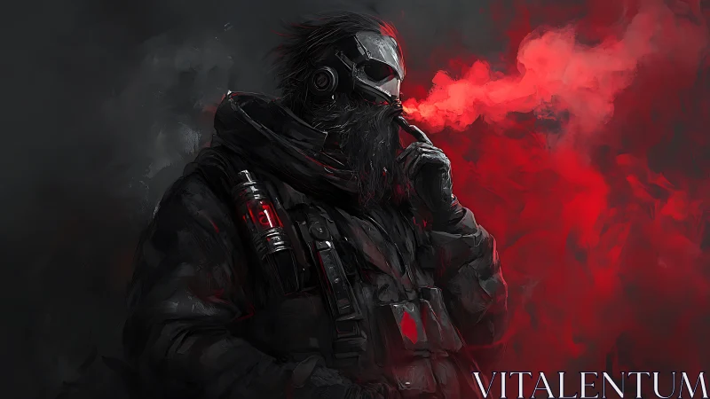 Masked figure exhaling red vapor in dark digital portrait.