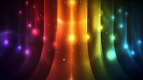 Spectrum light trails with glowing bokeh orbs on dark field