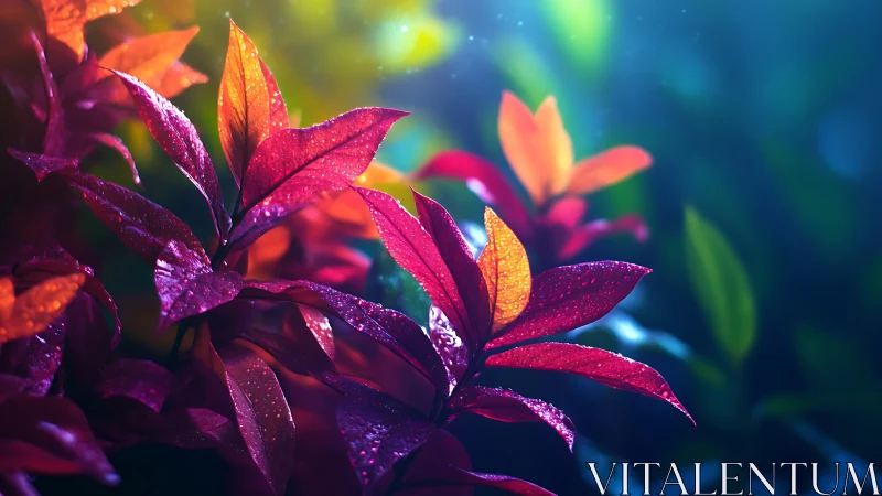 Neon dusk leaves bathed in underwater garden glow.