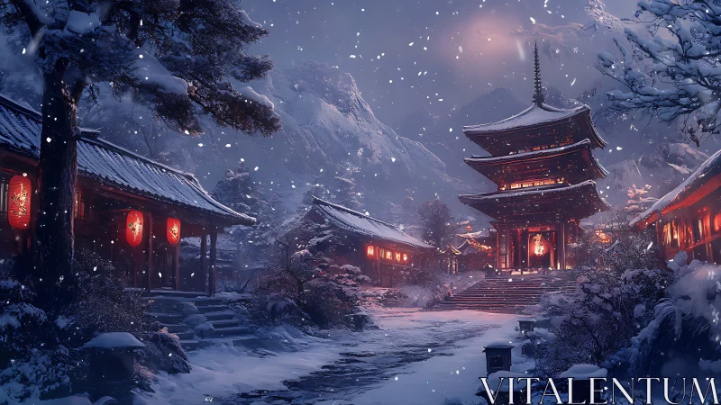 Snowlit pagoda courtyard with glowing red lanterns at dusk.