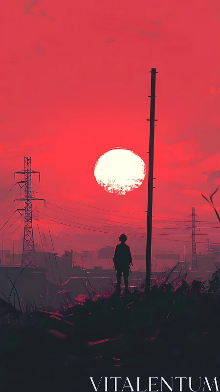 Silhouette on ridge facing large sun over urban powerlines.