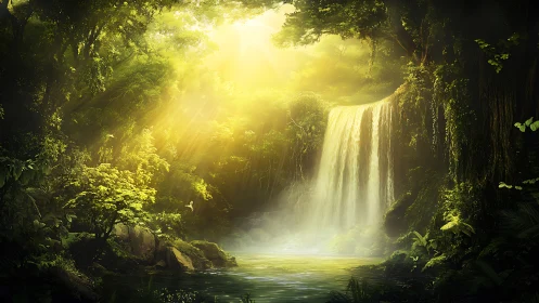 Sunlit jungle waterfall pours into misty green pool.
