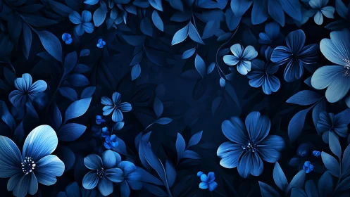 Digital botanical composition depicting blue flowers against dark background