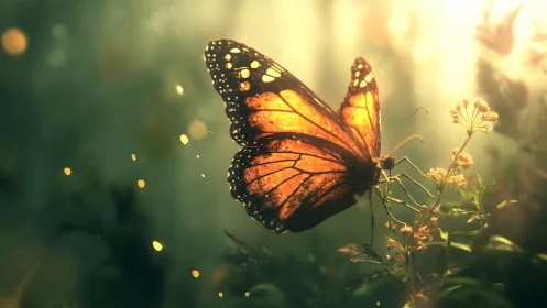 Backlit monarch butterfly glows against soft forest bokeh