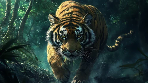 Hyperreal tiger stalking through misted low-light jungle undergrowth