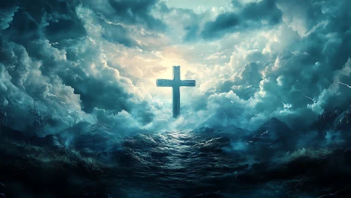 Lone cross over stormy ocean beneath dense glowing clouds.