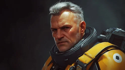 Aging astronaut portrait with high-detail sci-fi hard-surface armor