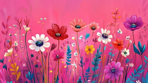 Vibrant Floral Garden Against Hot Pink Background