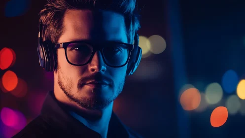 Cinematic neon portrait of headphone listener with bokeh lights