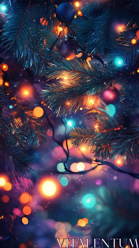 Glowing Christmas tree lights shimmer in a dreamy winter night