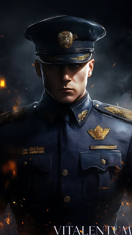 Strong uniformed officer stands calm amid drifting embers